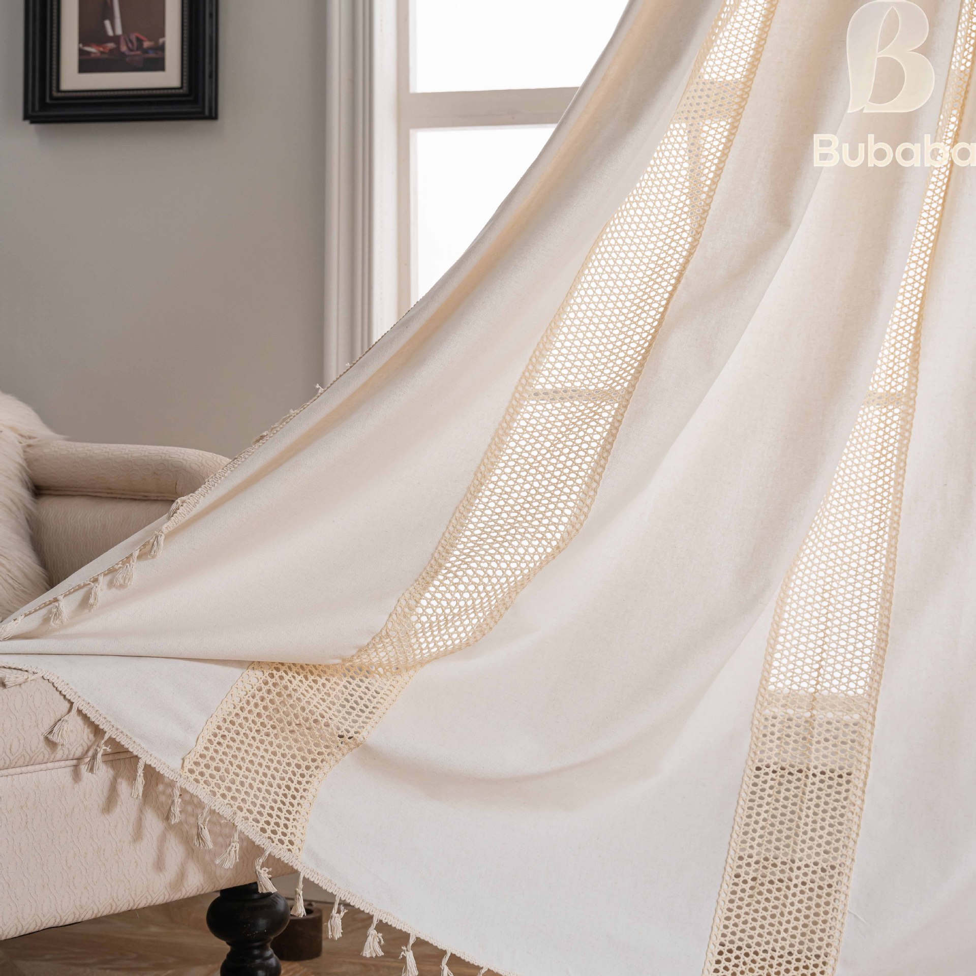 Flying cat cross-border American crochet stitching tassel curtain living room bedroom bay window transparent gauze curtain Shaoxing wholesale curtain