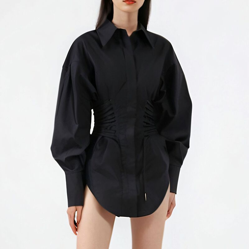 European and American fashion brand fashion design waist shirt women's spring new woven lace-up irregular long sleeve top