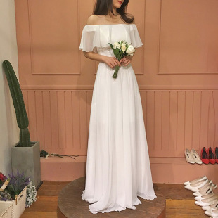 French Style Light Wedding Dress Travel Photo Simple off-shoulder Lotus Leaf Sleeve Waist Slimming Out-door Yarn Engagement License Dress White