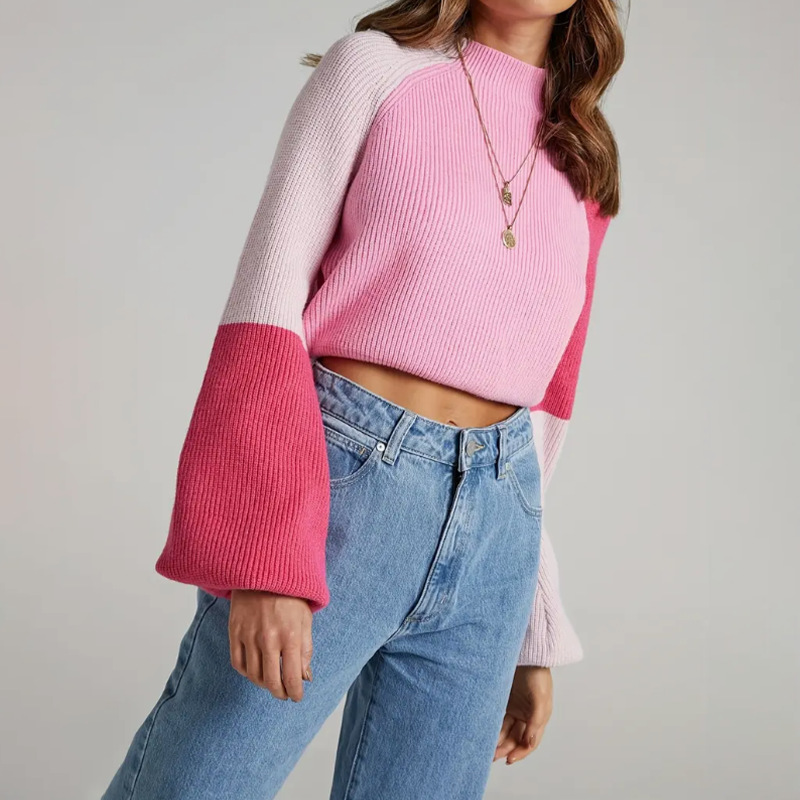 Damen-Strickpullover, Herbst/Winter-Mode, lockere Passform, Farbblock-Pullover, lässig, bequem, Rundhalsausschnitt, lange Ärmel_voghion.com