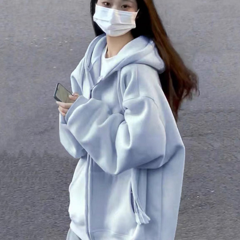 超显白纯色连帽卫衣女秋冬季加绒加厚宽松慵懒ins风拉链开衫外穿|undefined