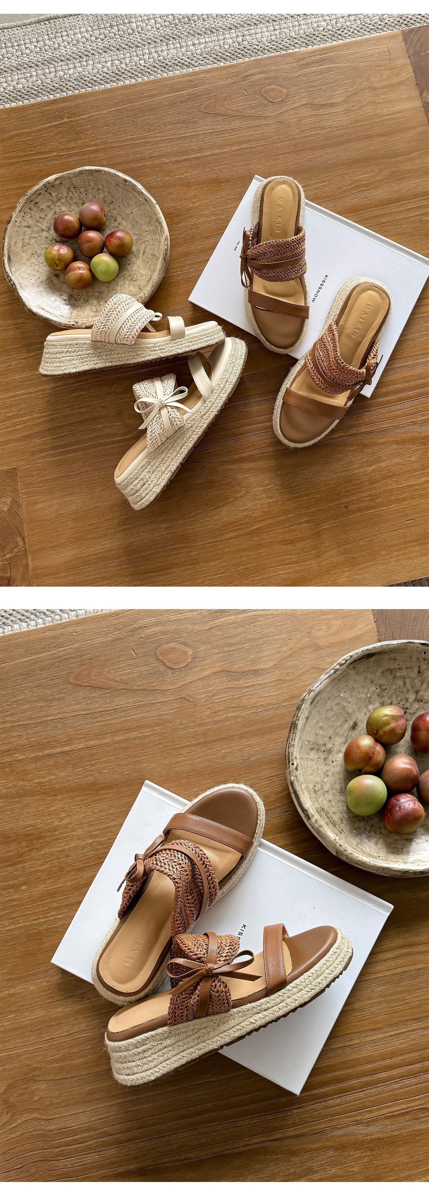 Dép sandal xỏ ngón nữ đế đan rơm cao gót nơ bướm — màu nâu, màu trắng ngà chi tiết 12