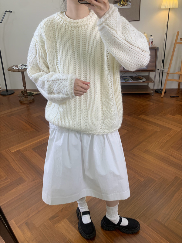 含羊毛复古粗针麻花套头毛衣女2025秋冬新款宽松百搭针织衫上衣厚|undefined