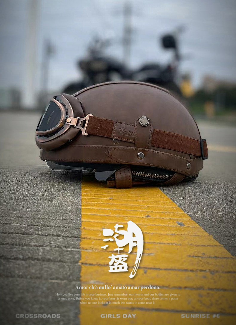 Retro Leather Half-Helmet Motorcycle Helmet for Men and Women, 3C Certified Electric Scooter Riding Safety Helmet with Goggles