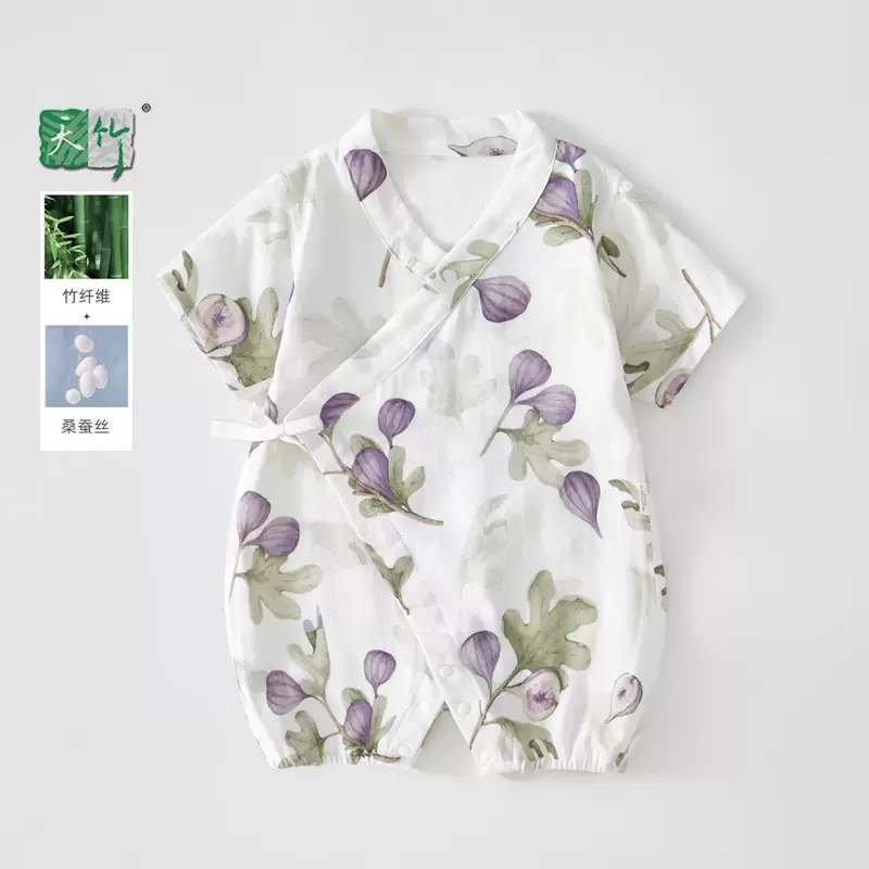 蚕丝纱布哈衣夏季婴儿连体衣薄款空调服新生女宝宝和尚服短袖爬服