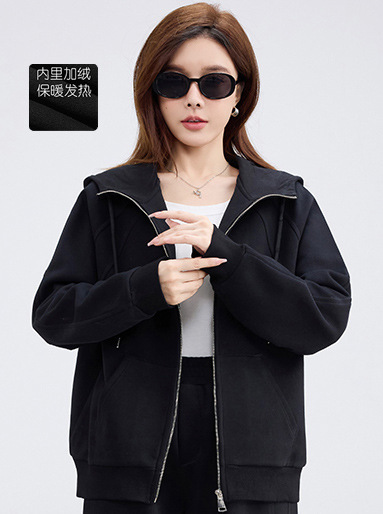 2025新款拉链连帽外套秋冬加绒两件套女装宽松显瘦轻运动休闲套装|undefined