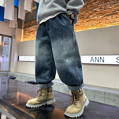 Boys' Pants Spring and Autumn Jeans 2024 New Style Handsome and Trendy Children's Spring Clothing Medium and Large Children's Spring Casual Pants