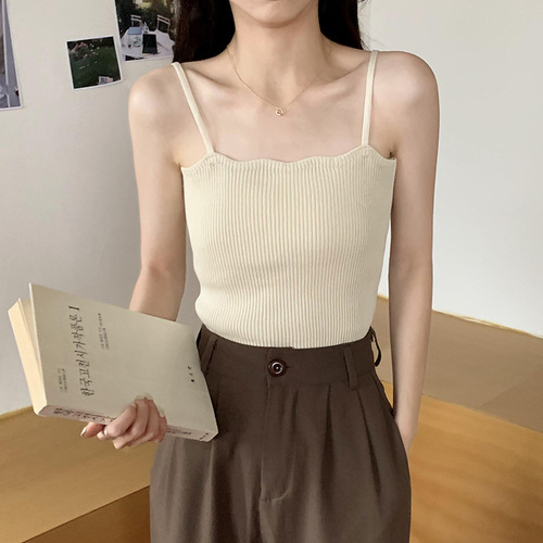 Women's Summer Outerwear with Small Suspenders Retro Hong Kong Style Sleeveless Top Korean Style Simple Bottoming Knitted Vest
