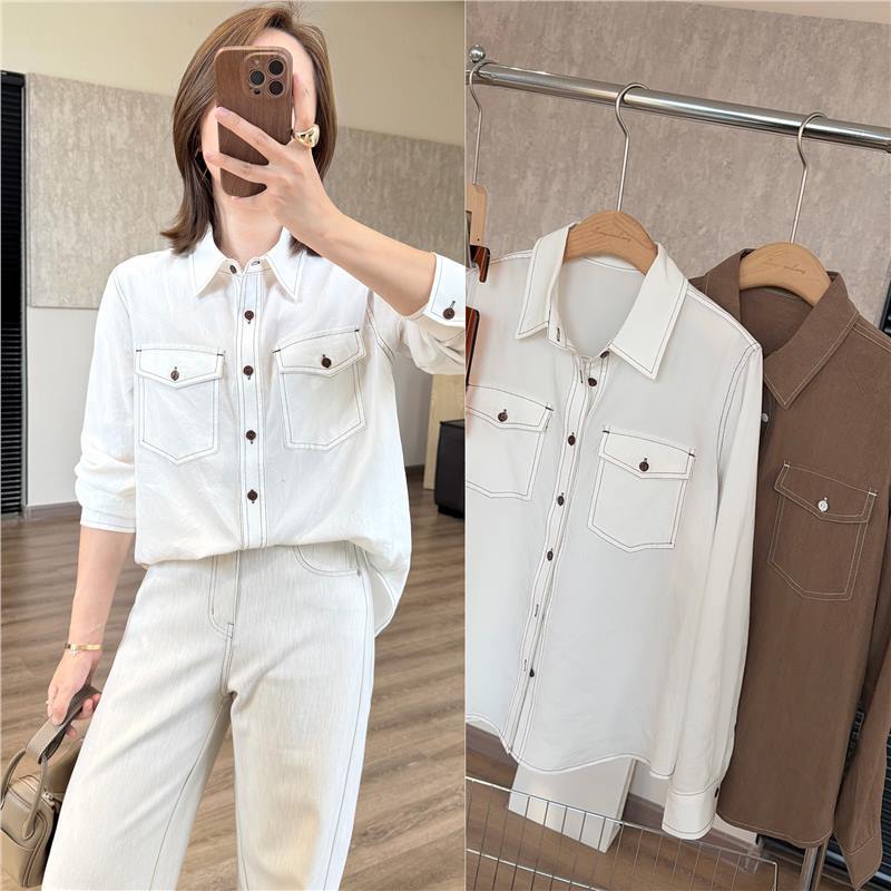 韩系轻奢明线雾感衬衫女 重磅100莱赛尔正肩双口袋气质长袖衬衫秋