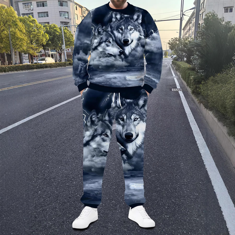 Autumn and Winter Style Fluffy Gray Wolf Digital Print Sports Suit, Round Neck Sweatshirt and Sweatpants Two-Piece Set Autumn and Winter Style Fluffy Gray Wolf Digital Print Sports Suit, Round Neck Sweatshirt and Sweatpants Two-Piece Set
