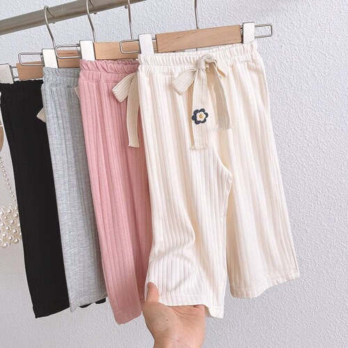 Girls' summer casual pants, baby stylish children's trendy personalized internet-famous Korean-style ice silk fluttering nine-quarter wide-leg pants