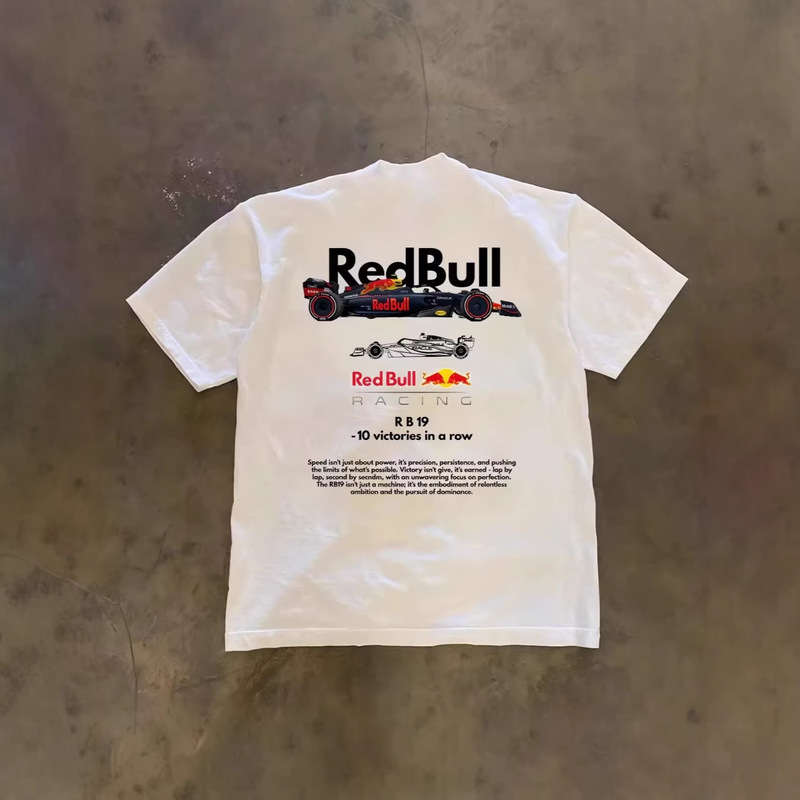250g Heavyweight Pure Cotton! American-Style Oversized Red Bull F1 Racing Print Couple's Loose Short-Sleeve T-Shirt for Men
