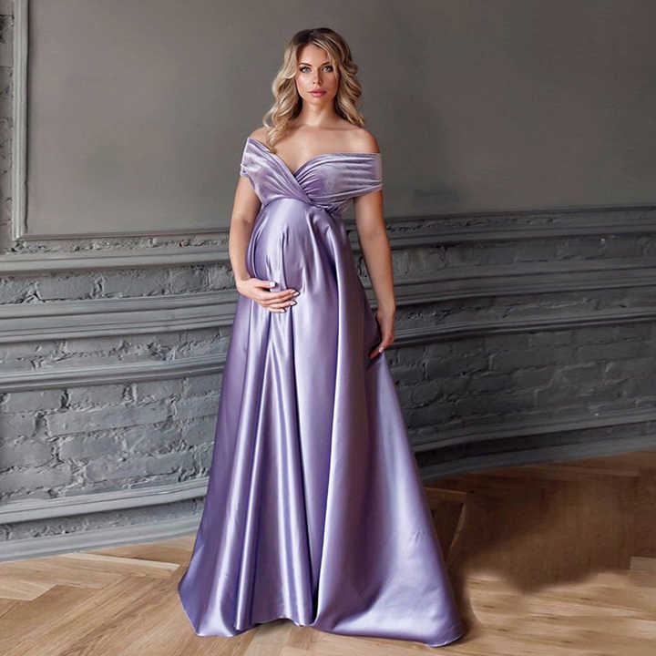 European and American plus size maternity off-shoulder high waist slimming floor-length stitching evening dress simple bridesmaid banquet sisters dress