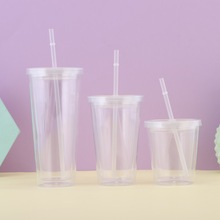 大容量双层塑料杯可插卡纸冷饮果汁杯奶茶店带盖吸管杯礼品批发