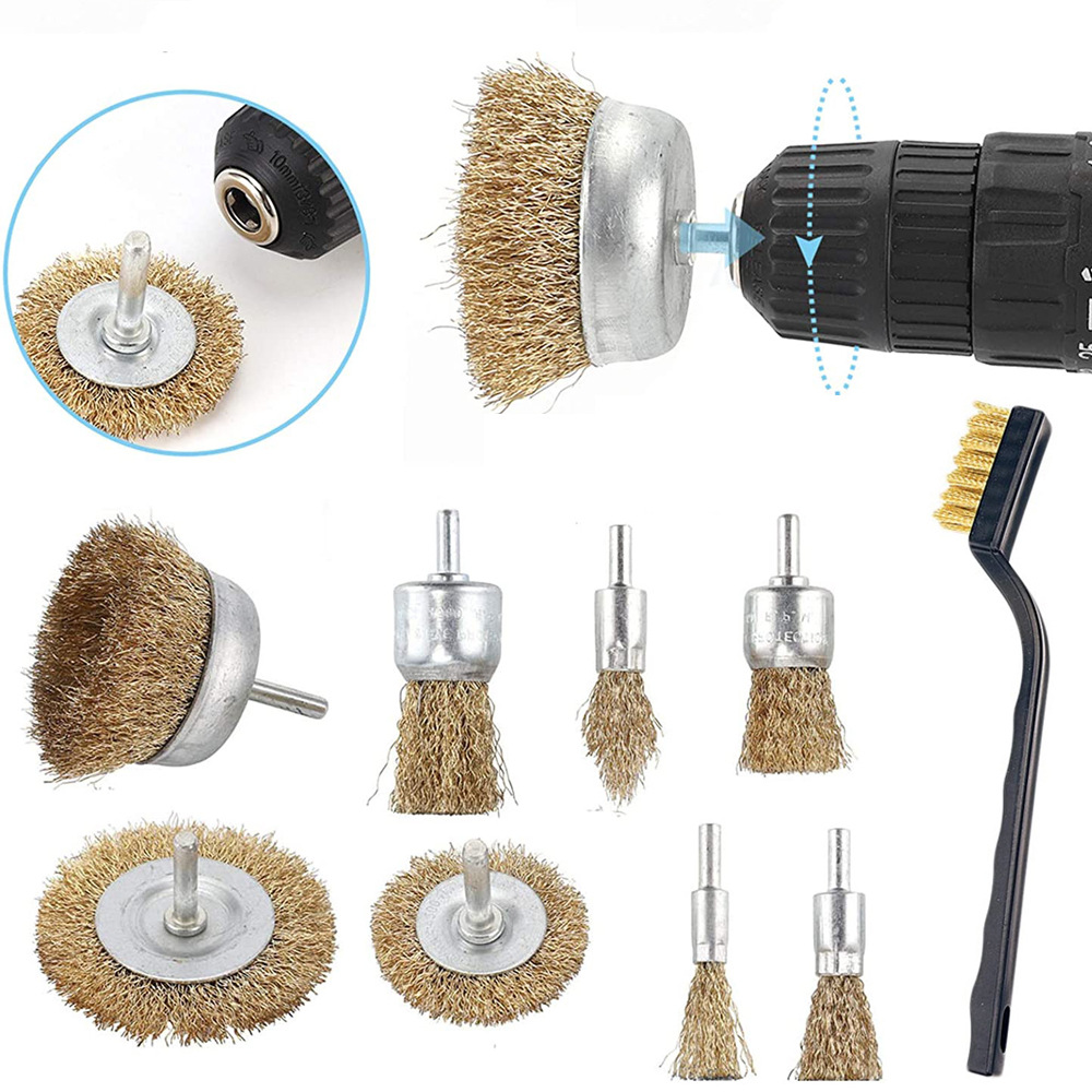 10件套不锈钢钢丝刷打磨轮除锈钢丝轮带有1/4英寸的柄刷套装