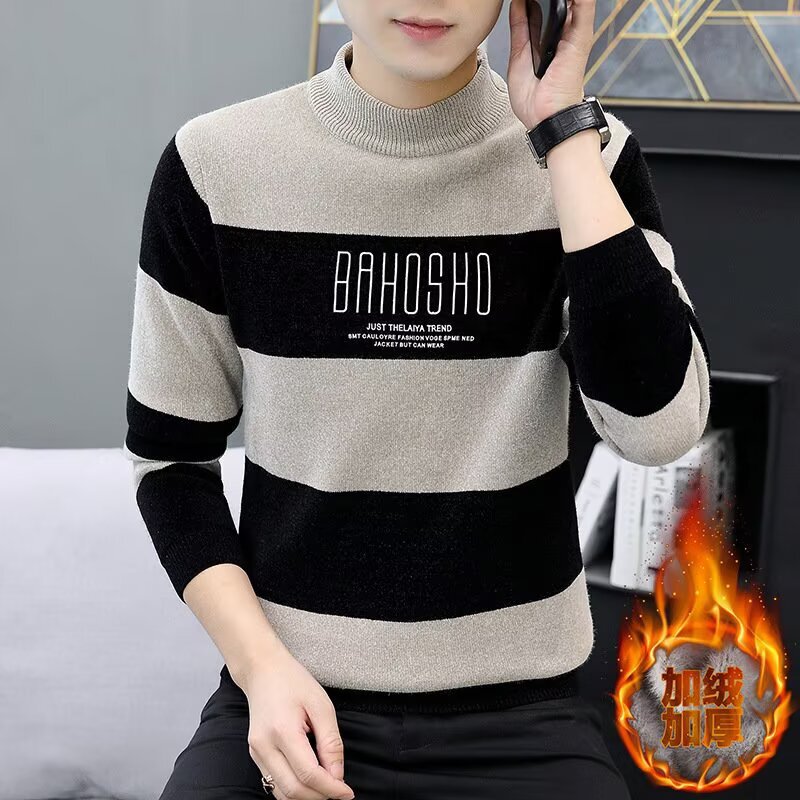 One-Piece Velvet Half Turtleneck Sweater Men's Autumn and Winter Bottoming Shirt Fleece-Lined Thickeneded New Winter Warm Top