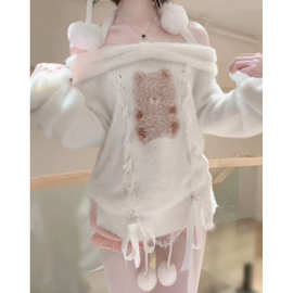 2025甜美雪球软萌可爱设计猫咪一字小熊针织新款上衣宽松毛衣