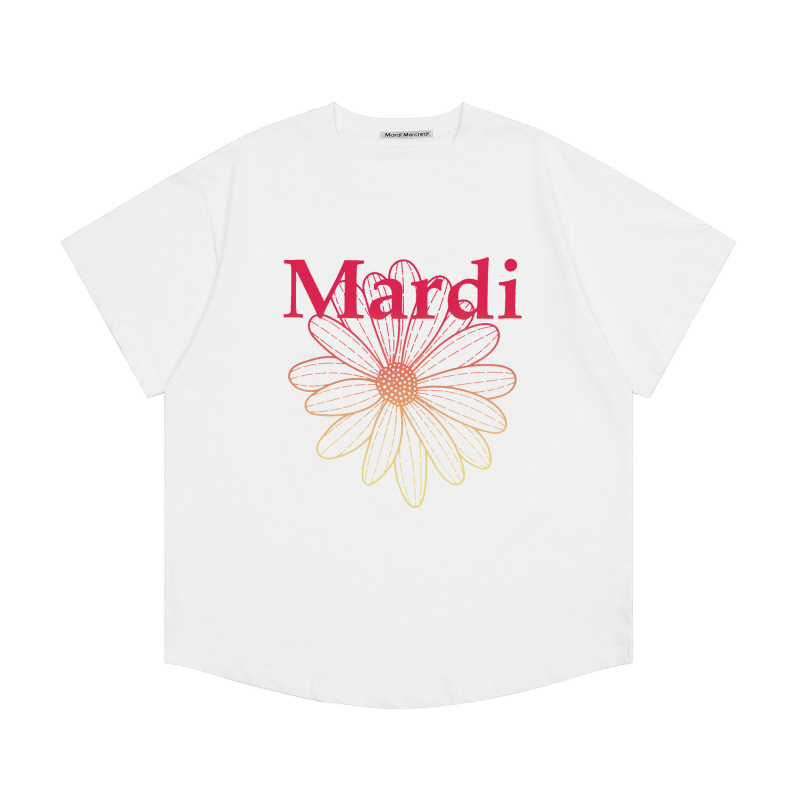 韓国マルディトレンディな半袖フラワープリントゴールドハイシルバー夏ラウンドネック純綿ルーズTシャツトップトレンディ|undefined