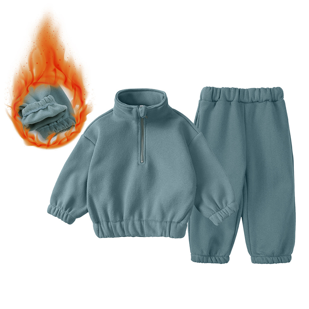 한국 스타일 어린이 가을 겨울 새 세트 패션 하이 칼라 플리스 하프 지프 땀 2 피스 세트