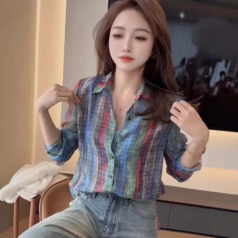 2025 Summer Loose Slimming Versatile Age-Reducing Niche Tops Hong Kong Style Retro Contrast Striped Long-Sleeve Women's Shirt