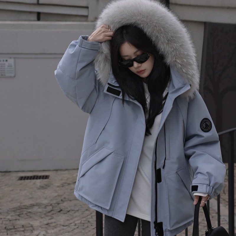 蓝色大毛领工装派克羽绒棉服女冬2025新款爆款小个子加绒加厚外套