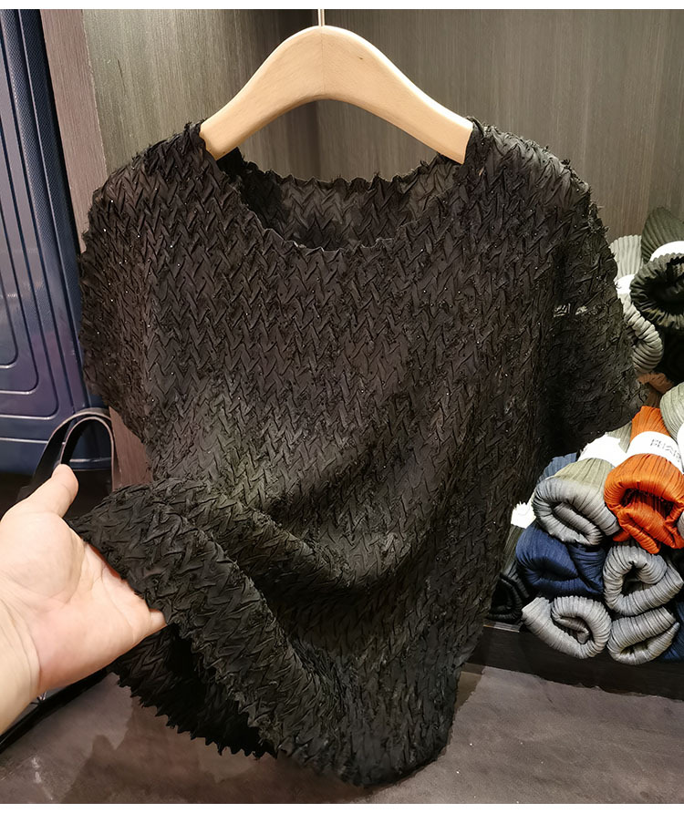 Áo thun cổ tròn dáng rộng tay ngắn xếp ly bèo nhún mùa hè — Màu đen, Màu xanh navy, Màu đỏ hoa hồng, Màu trắng chi tiết 20