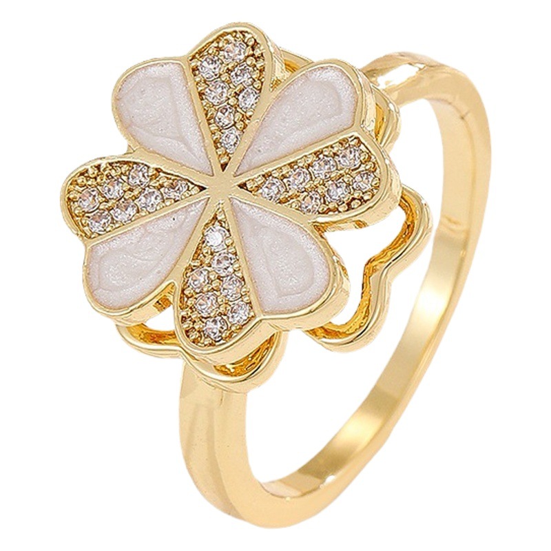 18K oro real color-preservar la suerte de la hierba estilo coreano transfronterizo diamante incrustado rotación de moda abierto anillo ajustable