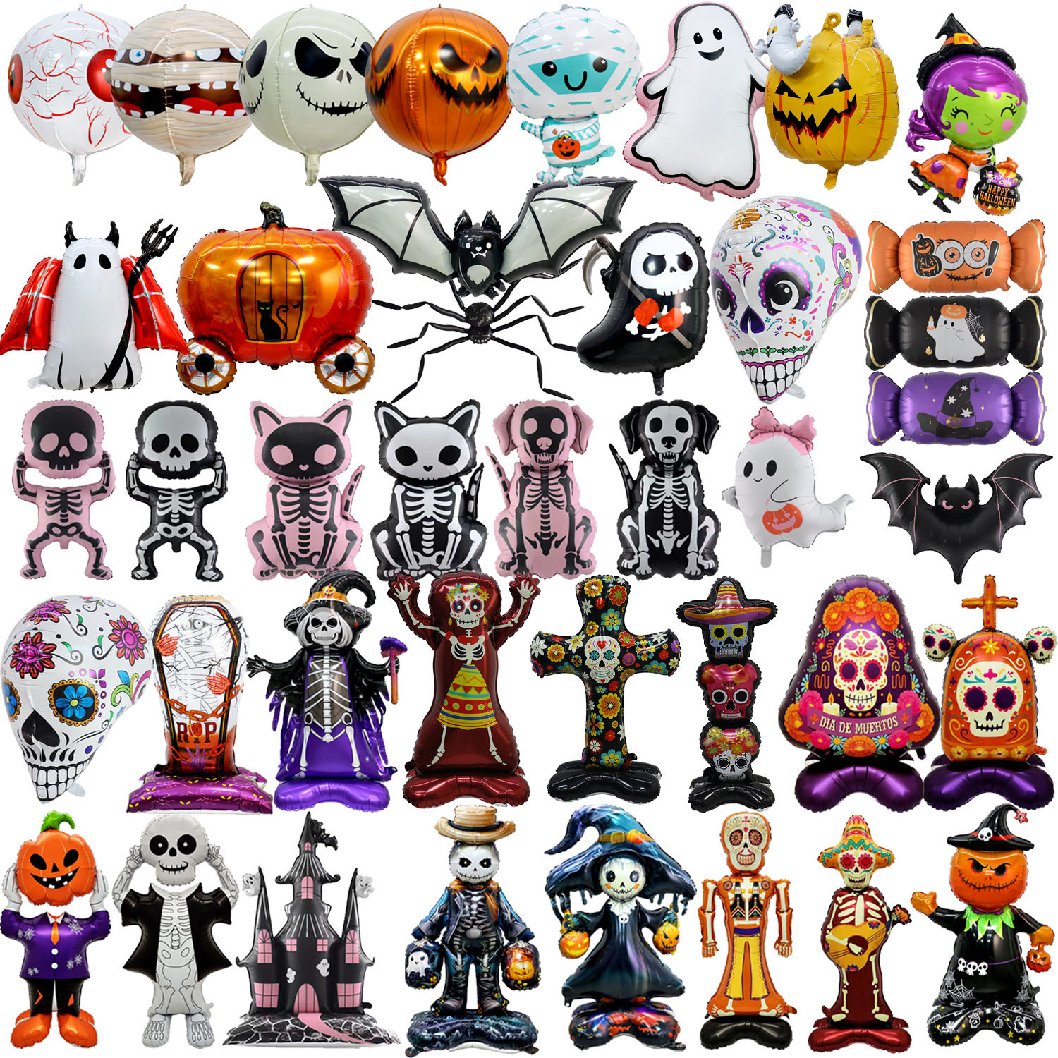 Halloween üçün folqa şarlar dəsti — skelet, qara pişik, yarasa