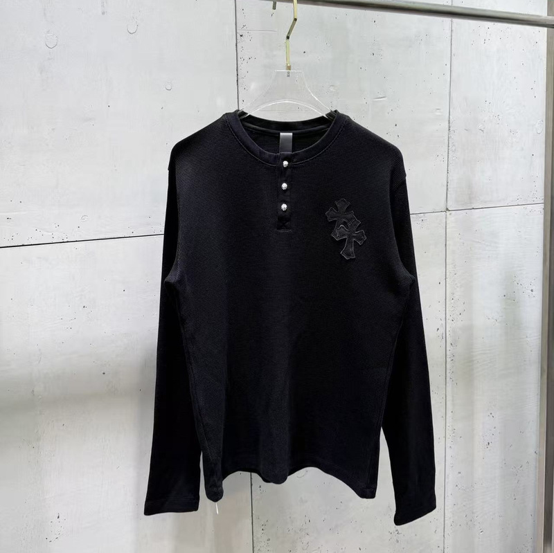 Cross-Border American-Style Trendy Brand High-Quality Ch Cross-Pattern Leather Waffle Long-Sleeve T-Shirt for Men and Women, Couple Style