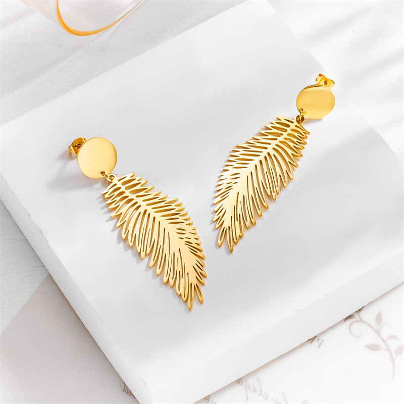 1 Pair Quantity Holiday, Daily Occasion Titanium Steel Material 1 Pair Lady Feather Plating Titanium Steel Drop Earrings
