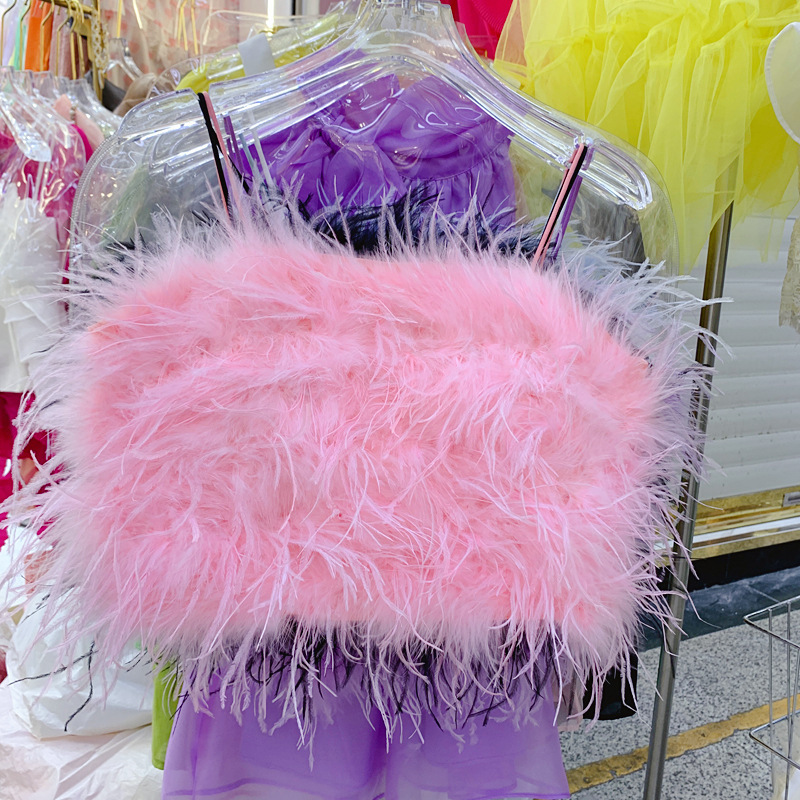 European and American design fluffy ostrich feather tassel sexy satin strap tube top small vest wear female C3#1909
