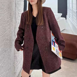 欧货宽松高级感V领西装外套百搭双排扣长袖小西装潮流女春秋新款