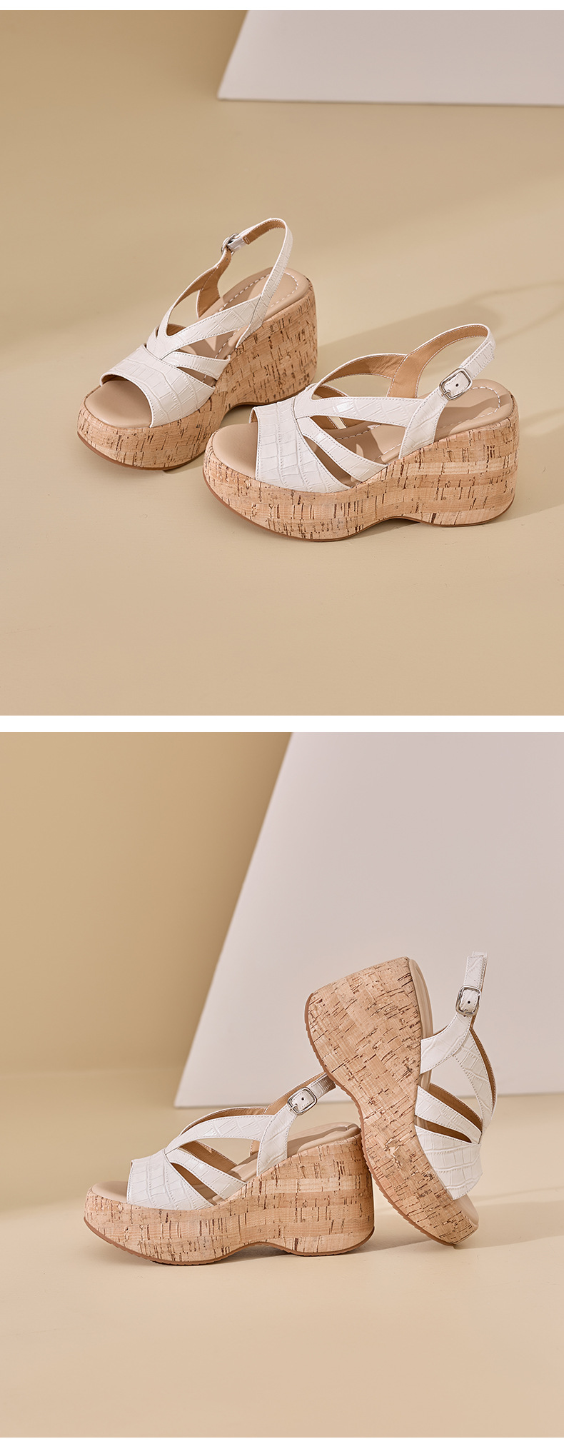 Sandal cao gót nữ hở mũi đế xuồng platform 10cm phong cách La Mã — màu đen, màu trắng ngà chi tiết 12