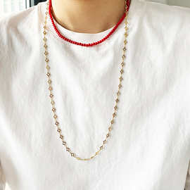 新款通勤小众设计天然石菱形镂空镀金叠戴项链女轻奢高级毛衣链女