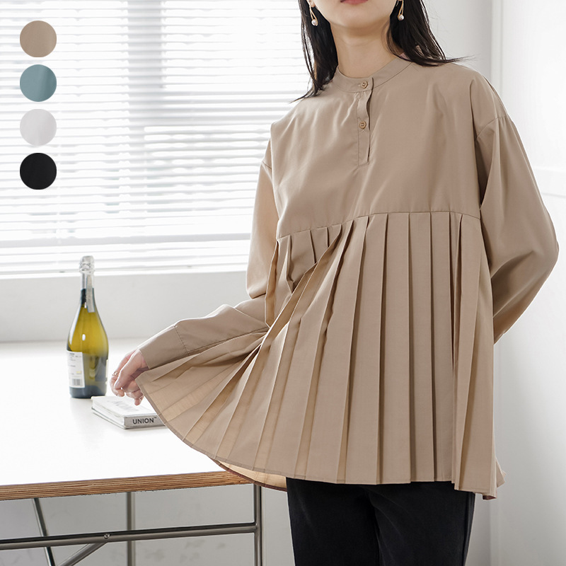 Japan's Rakuten New Product 4 Colors Spring Loose Pure Color Pleated Shirt Women's Mid-Length Bottoming Shirt Real Shot