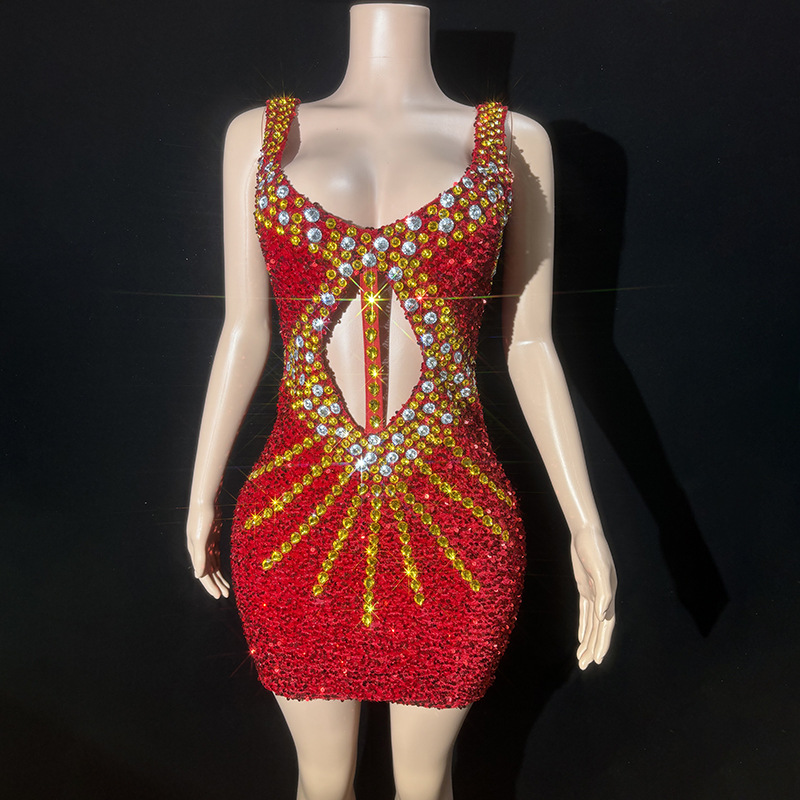 Summer New Design Gold Diamond Deep v Evening Dress Singer Performance Costume Star Red Carpet Company Annual Meeting Sign Sales