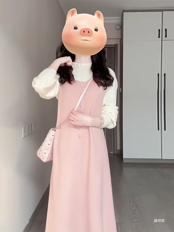背心连衣裙子女早秋韩系穿搭粉色甜美春秋2025新款针织长裙两件套|undefined