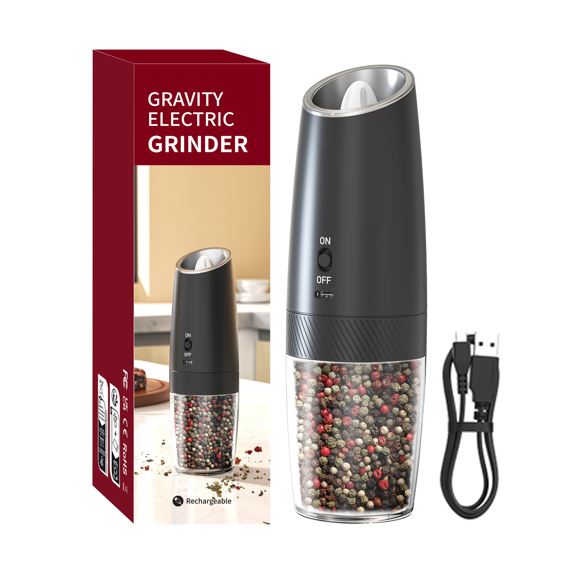 Molino de pimienta rentable transfronterizo del fabricante Molinillo de pimienta eléctrico con sensor de gravedad recargable Pepper Mill