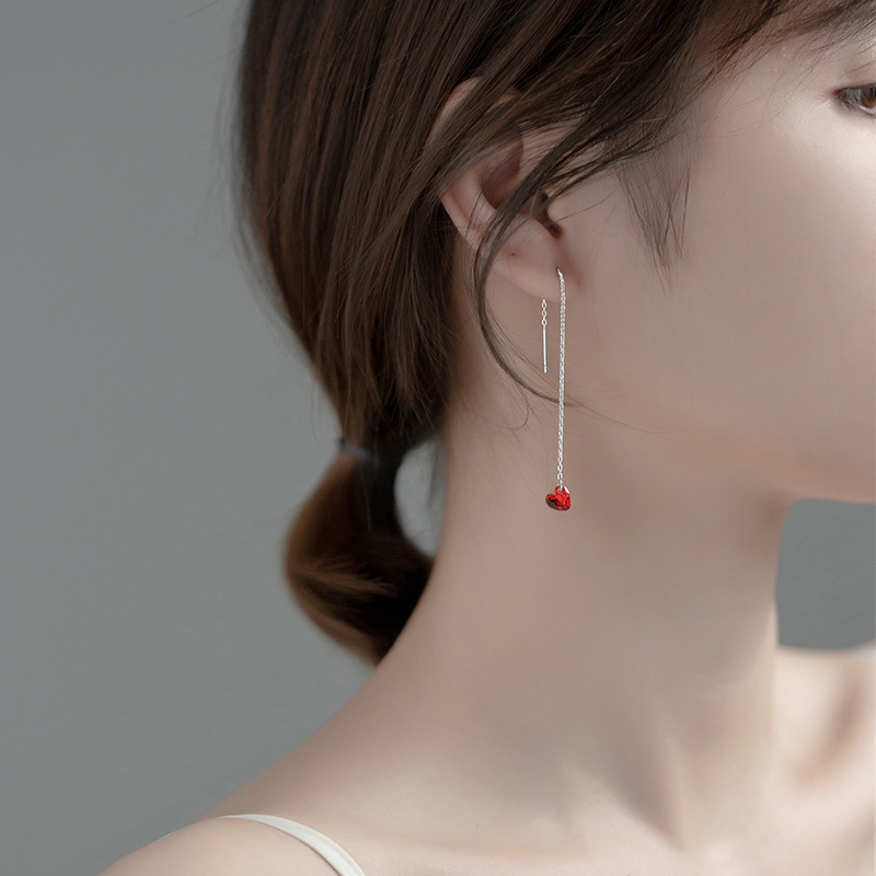 Eloch s925 plata corazón largo orejas temperamento coreano simple diamante rojo amor orejas orejas E6178