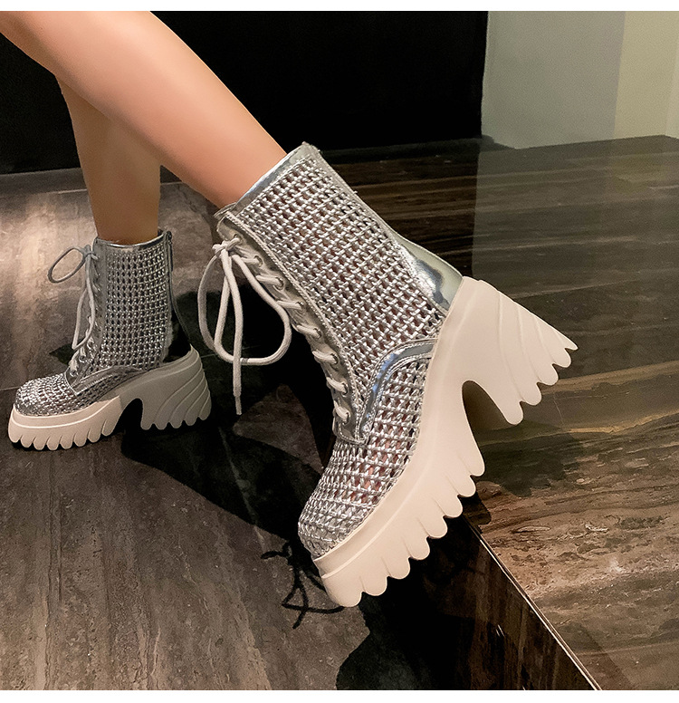 Boot nữ cổ thấp đế dày tăng chiều cao, gót thô đan thoáng khí — màu đen, màu trắng ngà, bạc chi tiết 14