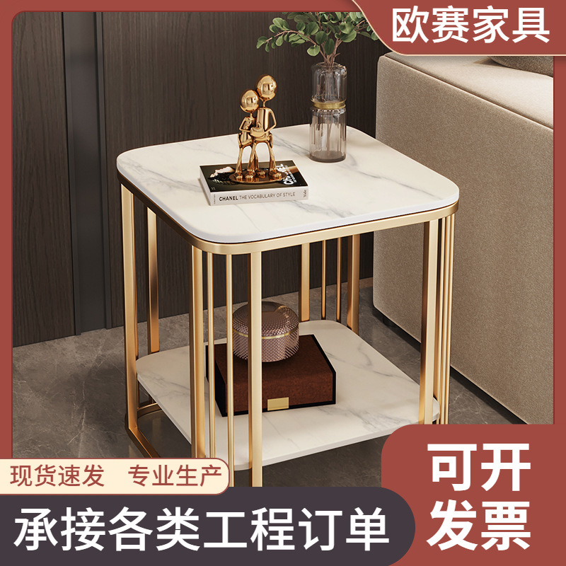 Italian Style Movable Sofa Side Table Coffee Table Light Luxury Double Layer Rock Plate Narrow Bedside Living Room Side Table Corner Table with Wheels