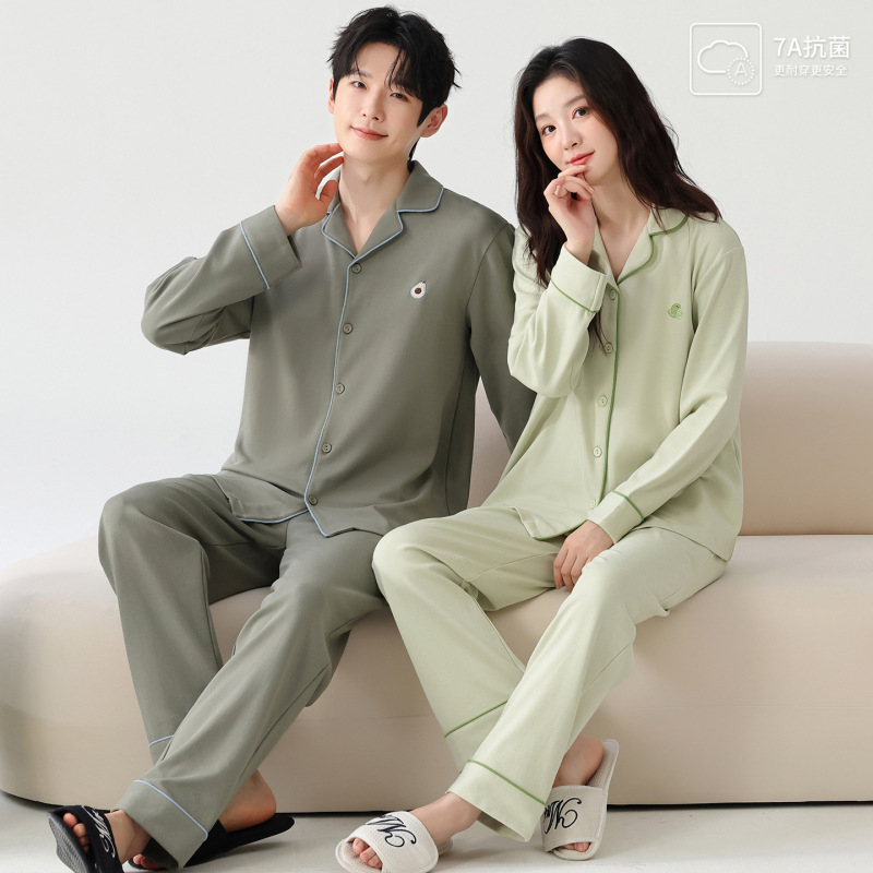 Couple's pajamas, pure cotton, spring and autumn style, simple casual, collared cardigan, plus size, solid color, suitable for outdoor wear, home wear, men's and women's set Couple's pajamas, pure cotton, spring and autumn style, simple casual, collared cardigan, plus size, solid color, suitable for outdoor wear, home wear, men's and women's set