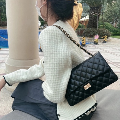 2024 New High-End Leather Chanel-Inspired Herringbone Chain CF Mouth Cover Bag Fashion Single Shoulder Crossbody Underarm Women's Bag