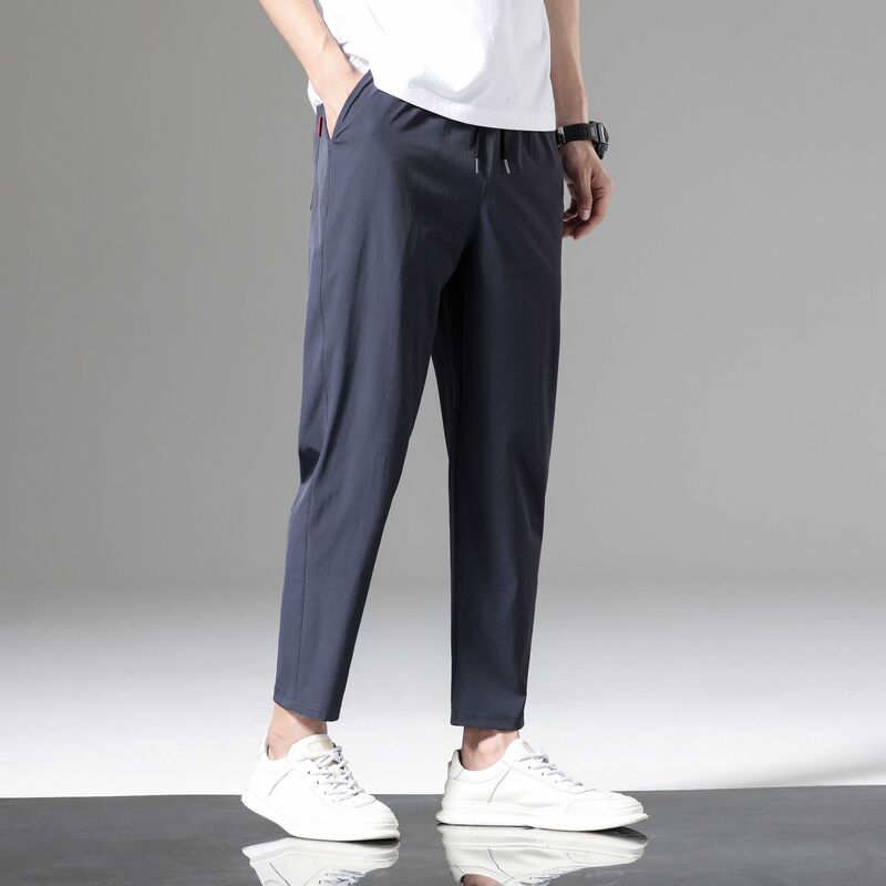Ice Silk Pants Men's Summer Thin 2025 New Quick-Drying Men's Straight Loose Draped Trousers Nine-Point Casual Pants
