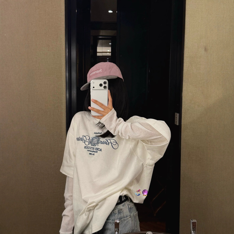 Nanyou Quality 26AC Early Autumn New American Style Fake Two-Piece Embroidered Print Loose Round Neck Mesh Long Sleeve Women's Top Nanyou Quality 26AC Early Autumn New American Style Fake Two-Piece Embroidered Print Loose Round Neck Mesh Long Sleeve Women's Top