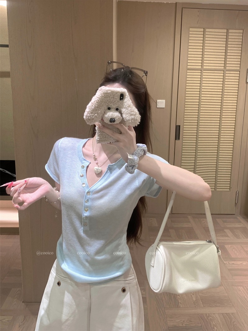 半开领正肩短袖T恤女装2026夏季新款韩系修身显瘦纯欲风上衣潮ins