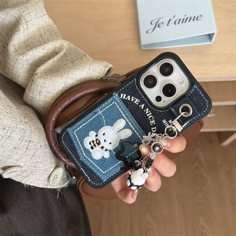Denim Card Bag Embroidered Miffy Rabbit + Pendant Suitable for 16Promax Mobile Phone Case Iphone17 Apple 15/14