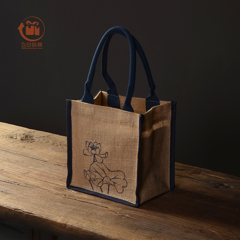 蓝把荷花纹复古亚麻布手工缝纫收纳礼品袋加厚覆膜防水茶具包装袋