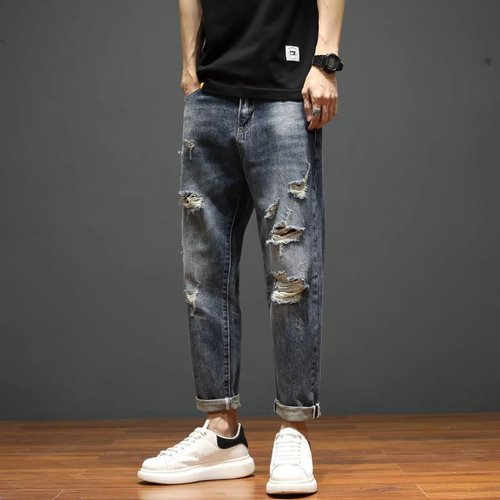 Men's Summer Denim Jeans with Holes, Pure Cotton, Low Cut, Fashion Hip-Hop Style, Versatile Men's Denim Pants