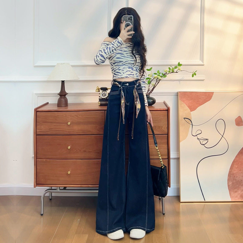 Quần jean nữ ống loe cạp cao co giãn, denim lót lông cừu mùa đông — Màu xanh vàng đen kéo dài, Quần xanh đen vàng, Retro màu xanh chín điểm, Vàng đen xanh chín điểm